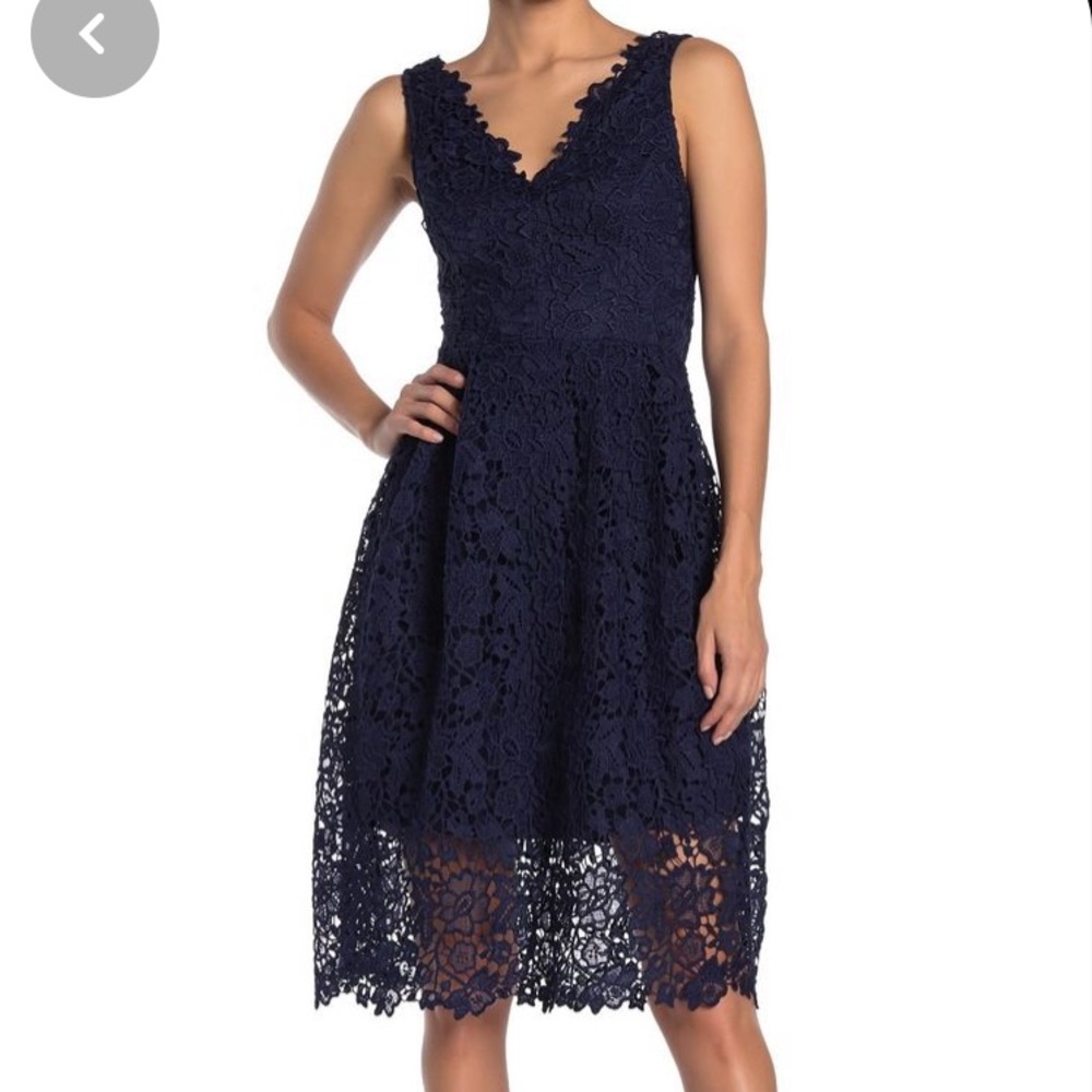 NWT Astr V-Neck Lace Fit & Flare navy blue Dress